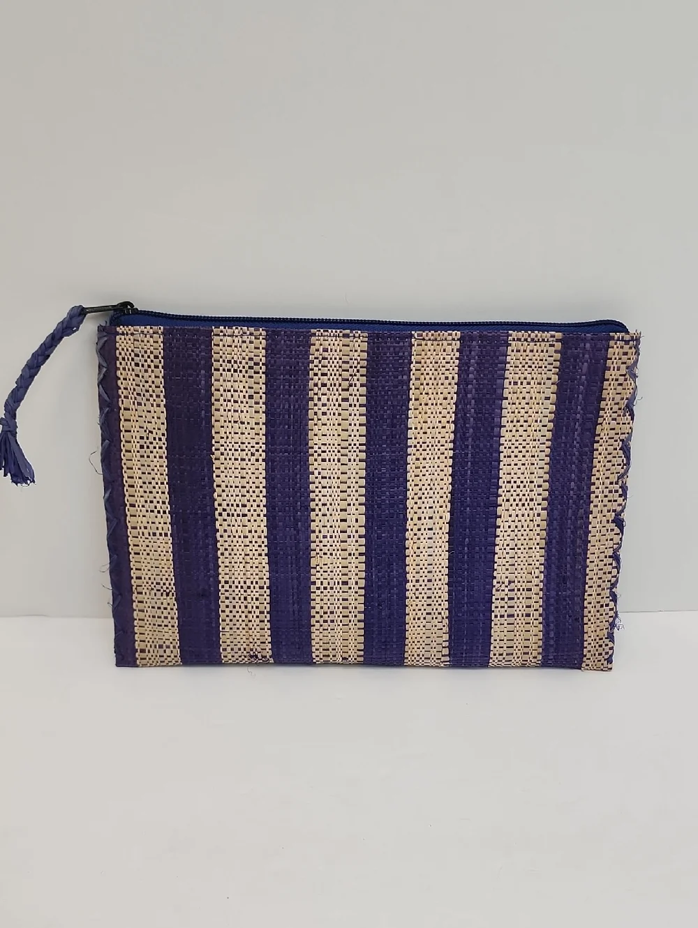 Woven Straw Raffia Stripe Zip Pouch Clutch Navy Natural OS